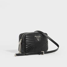 Load image into Gallery viewer, Side view of Prada Diagramme shoulder bag in black leather and silver chain and hardware