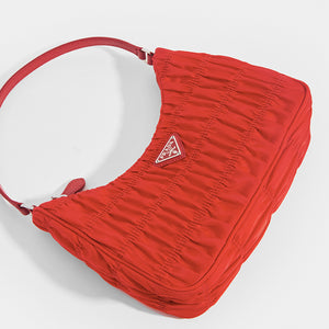 PRADA Ruched Hobo Bag in Red Nylon - Close Up