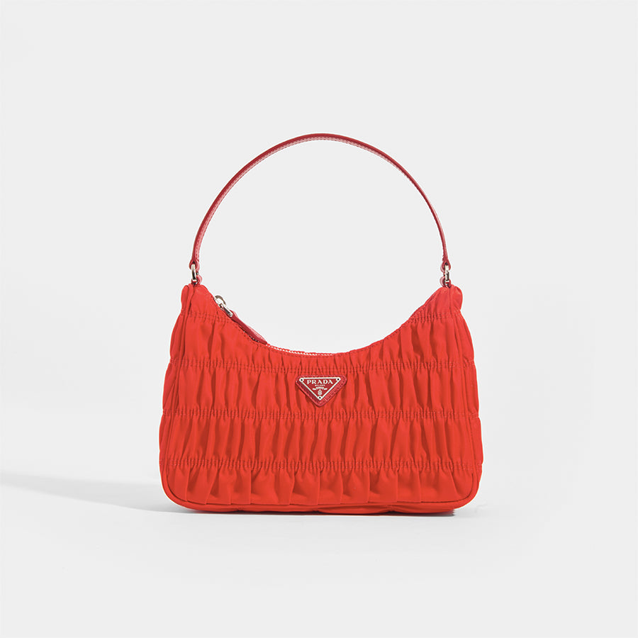 PRADA Ruched Hobo Bag in Red Nylon - Front View