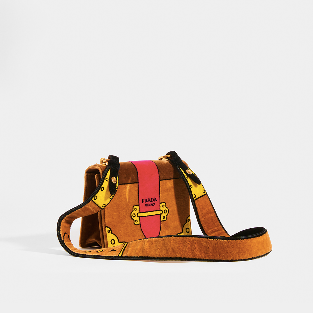 PRADA Cahier Cross Body Bag in Brown Velvet