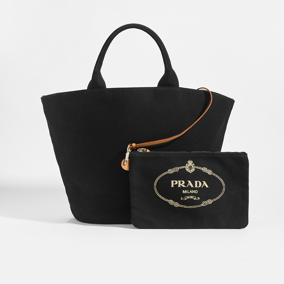 Back view of Prada Gardener Tote in black with mini Prada pouch