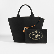 Load image into Gallery viewer, Back view of Prada Gardener Tote in black with mini Prada pouch