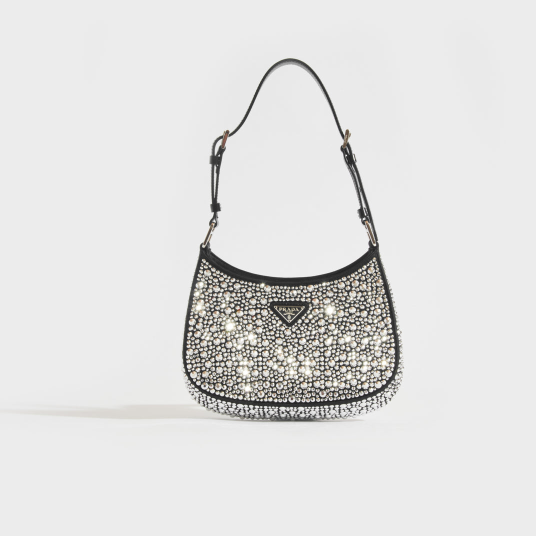 Prada Crystal Cleo Satin Bag Black/Silver Small S 8.7" LIMITED EDITION  NEW!