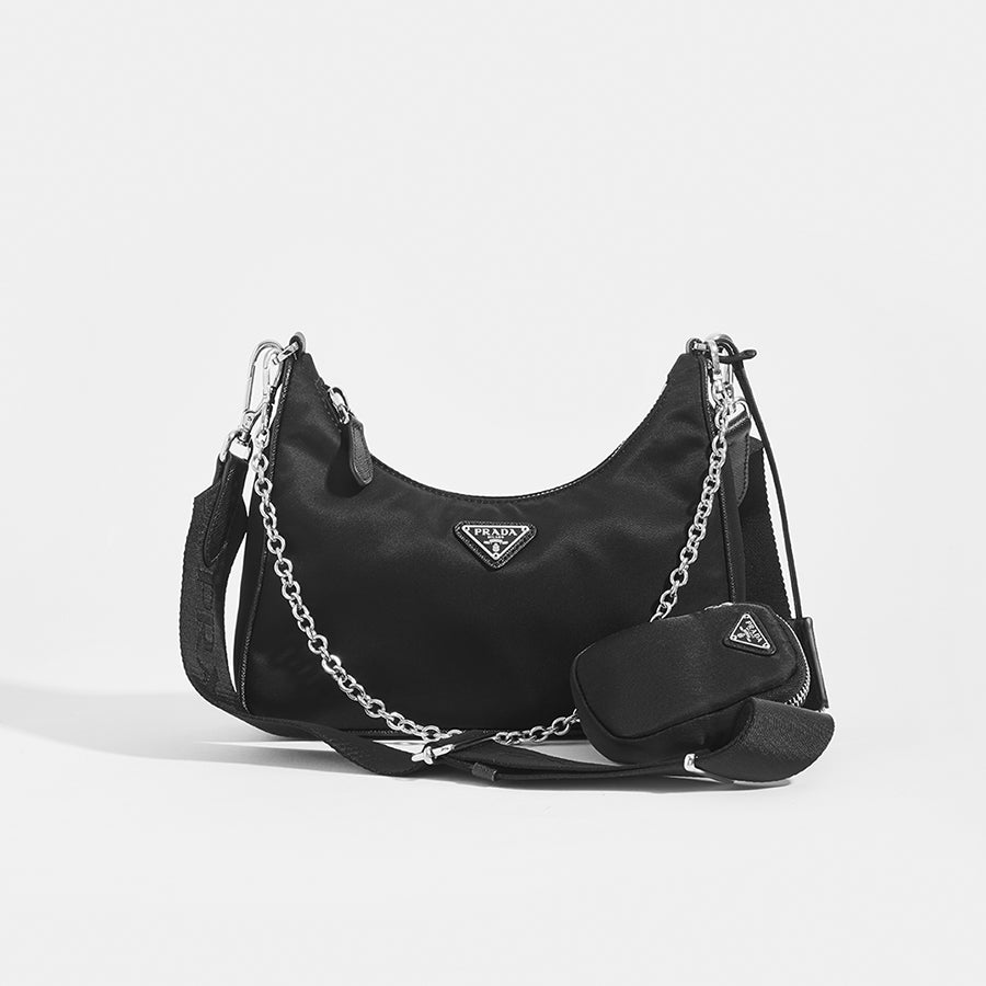 Front view of PRADA Hobo Re-edition 2005 Nylon Crossbody in Black 