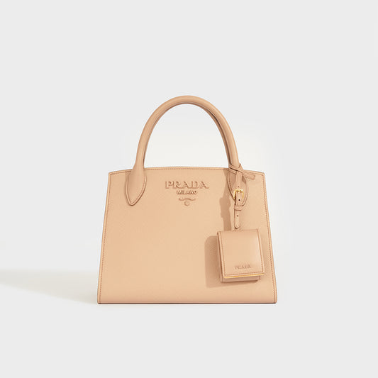 Double Tote Bag in Beige Saffiano Leather
