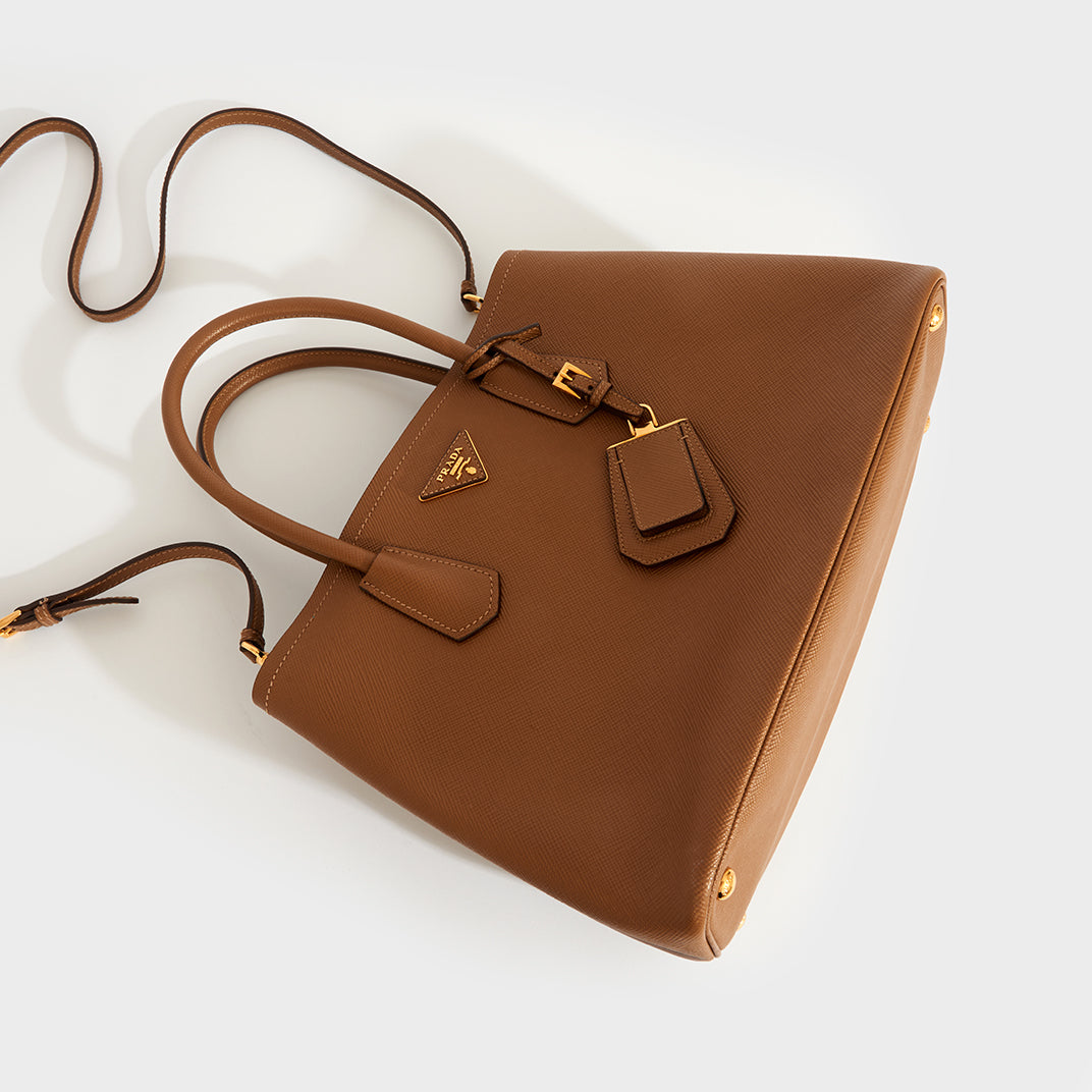Double Tote Bag in Brown Saffiano Leather