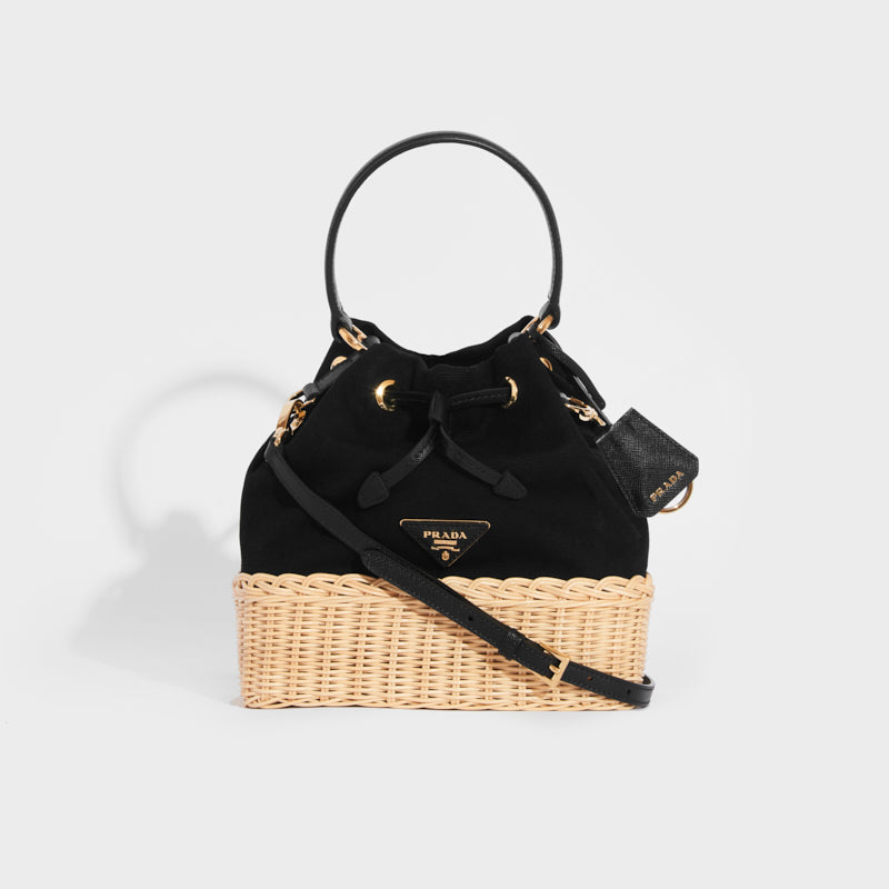 PRADA Canvas and Wicker Drawstring Bucket Bag in Black COCOON