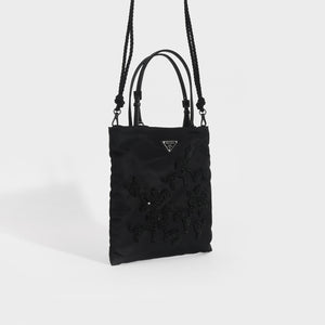 PRADA Floral-Beaded Nylon Bag in Black