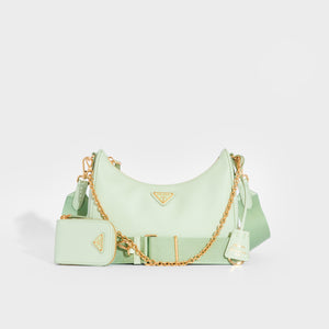 Front view of the PRADA Hobo Re-edition 2005 Saffiano Leather Crossbody in Aqua