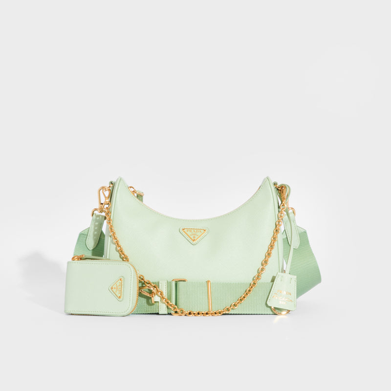 Front view of the PRADA Hobo Re-edition 2005 Saffiano Leather Crossbody in Aqua