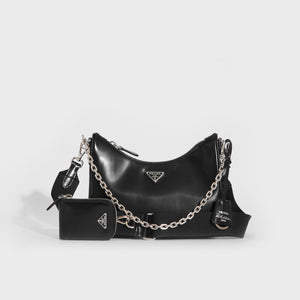 PRADA Hobo Re-edition 2005 Spazzolato Leather Crossbody in Black