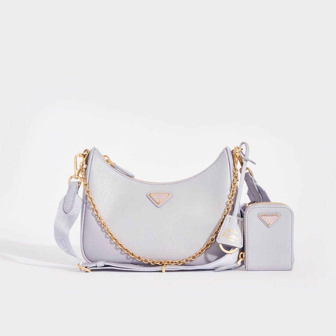 Front view of the PRADA Hobo Re-edition 2005 Saffiano Leather Crossbody in Wisteria