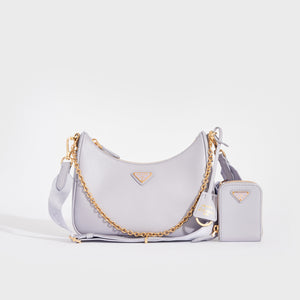 Front view of the PRADA Hobo Re-edition 2005 Saffiano Leather Crossbody in Wisteria