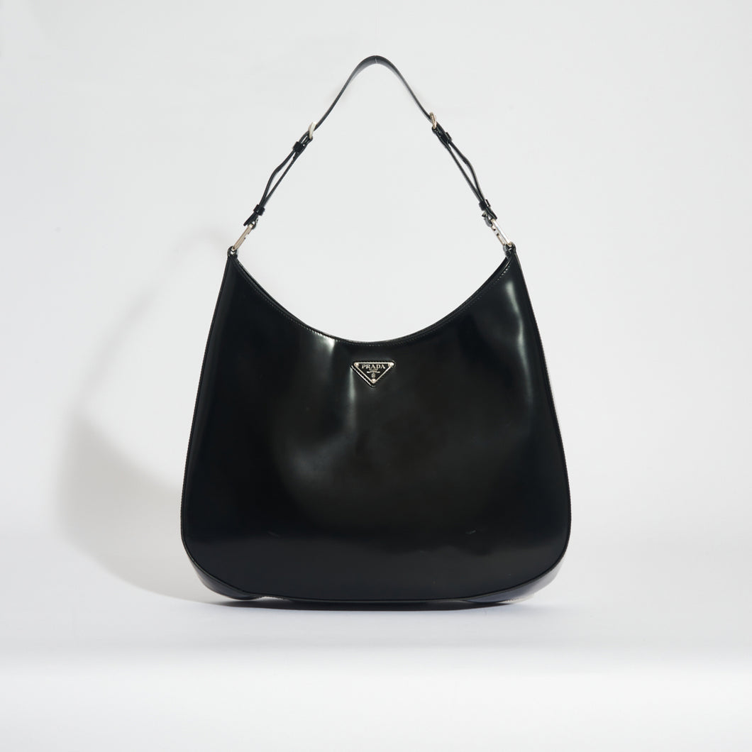 Prada - Cleo Black Brushed Leather Shoulder Bag