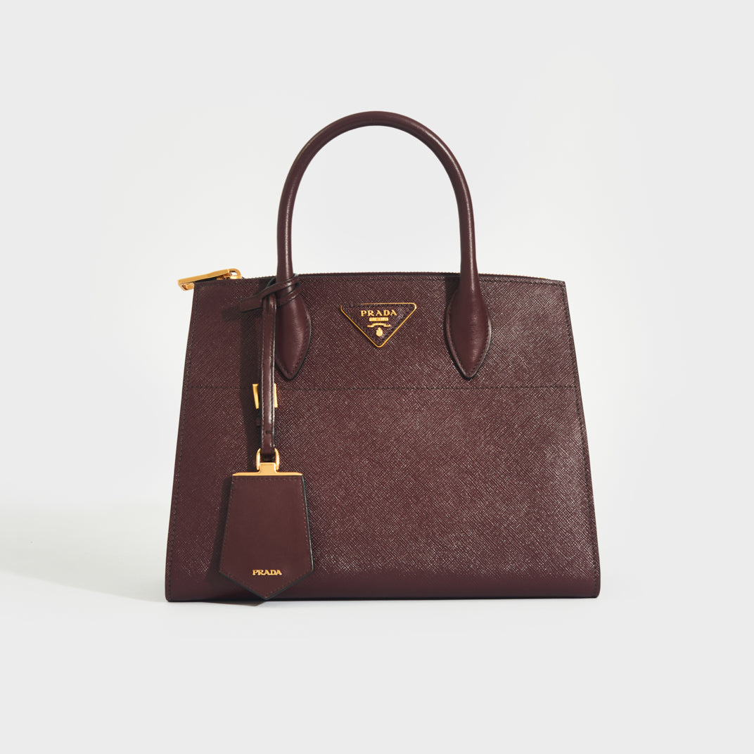 Front of the PRADA Large Galleria Tote in Bordeaux Saffiano Leather