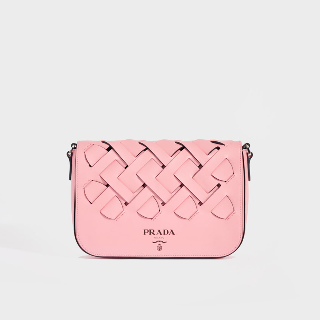 Front view of the PRADA Large Woven Motif Leather Shoulder Bag in Pink