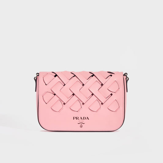 Front view of the PRADA Large Woven Motif Leather Shoulder Bag in Pink
