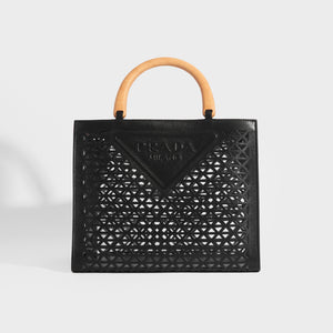 PRADA Leather Cut Out Shopper with Wooden Handles in Black Leather