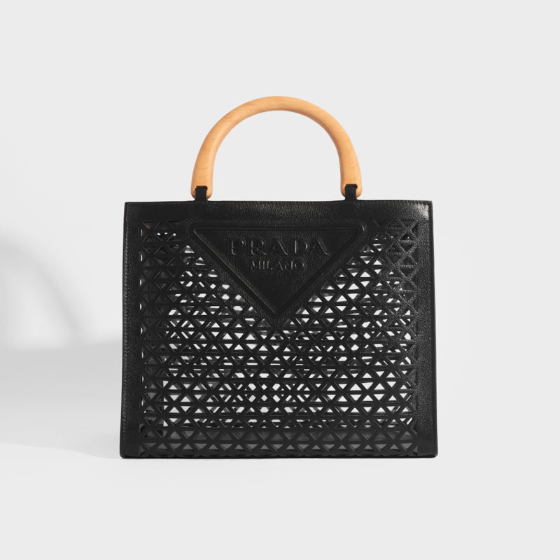 PRADA Leather Cut Out Shopper with Wooden Handles in Black Leather