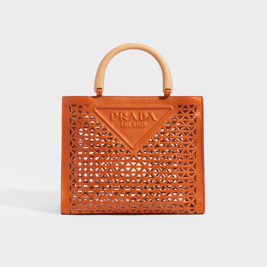 PRADA Leather Cut Out Shopper with Wooden Handles in Papaya