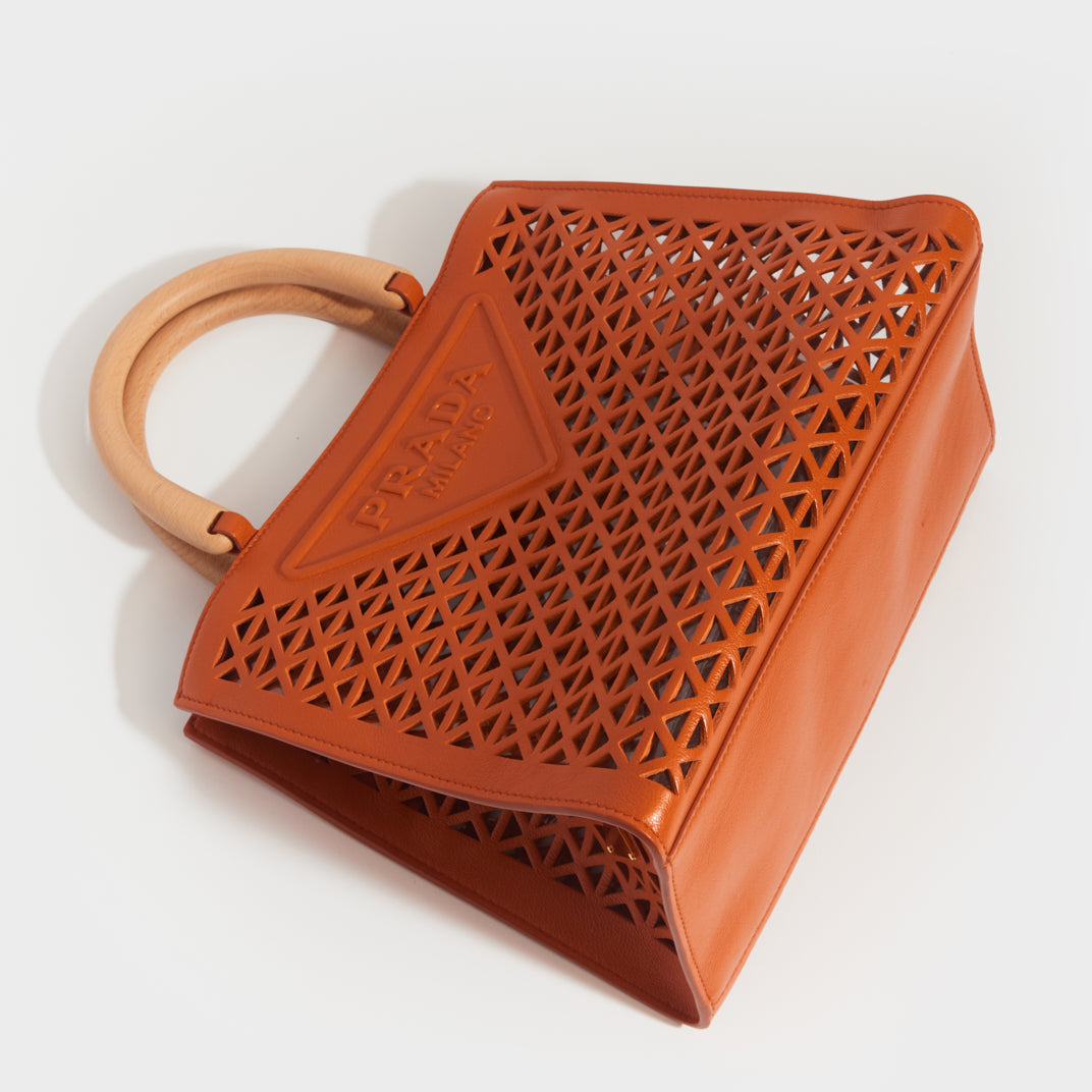 Leather Cut Out Shopper with Wooden Handles in Papaya