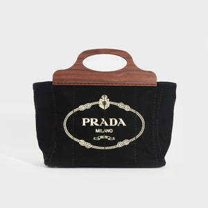 PRADA Logo Print Canvas Tote with Wooden Handle COCOON