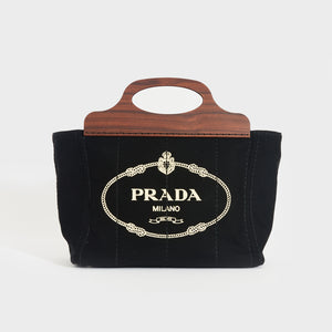 PRADA Logo Print Canvas Tote with Wooden Handle