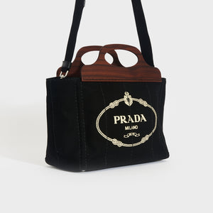 PRADA Logo Print Canvas Tote with Wooden Handle