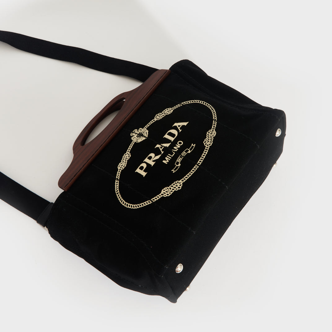 Logo Print Canvas Tote with Wooden Handle