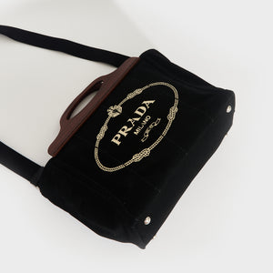 PRADA Logo Print Canvas Tote with Wooden Handle