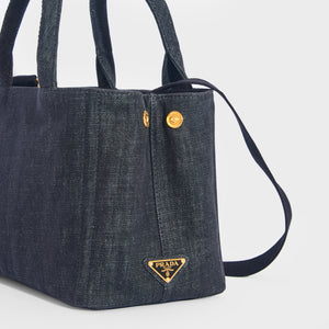 PRADA Logo Printed Denim Tote Bag