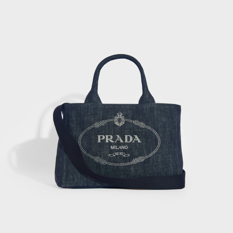 PRADA Logo Printed Denim Tote Bag in Black