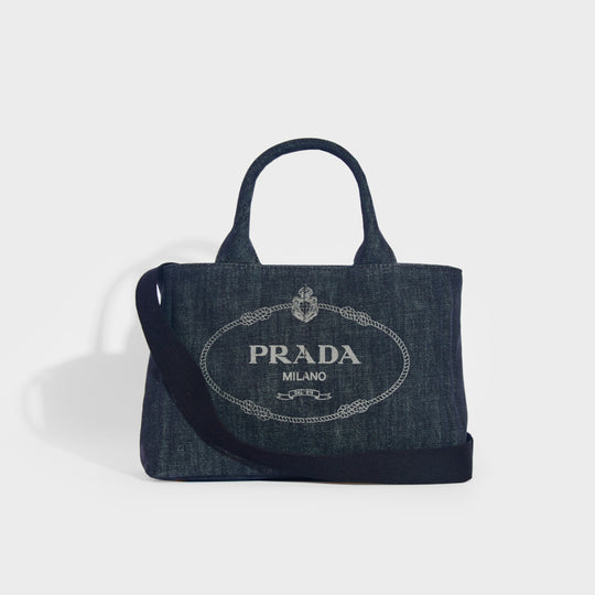 PRADA Logo Printed Denim Tote Bag