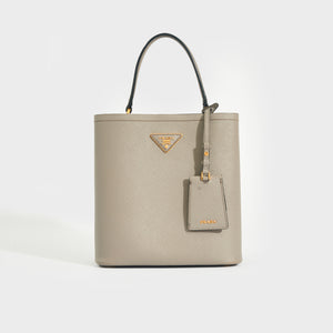 Front view of the PRADA Medium Panier Tote in Slate Saffiano Leather