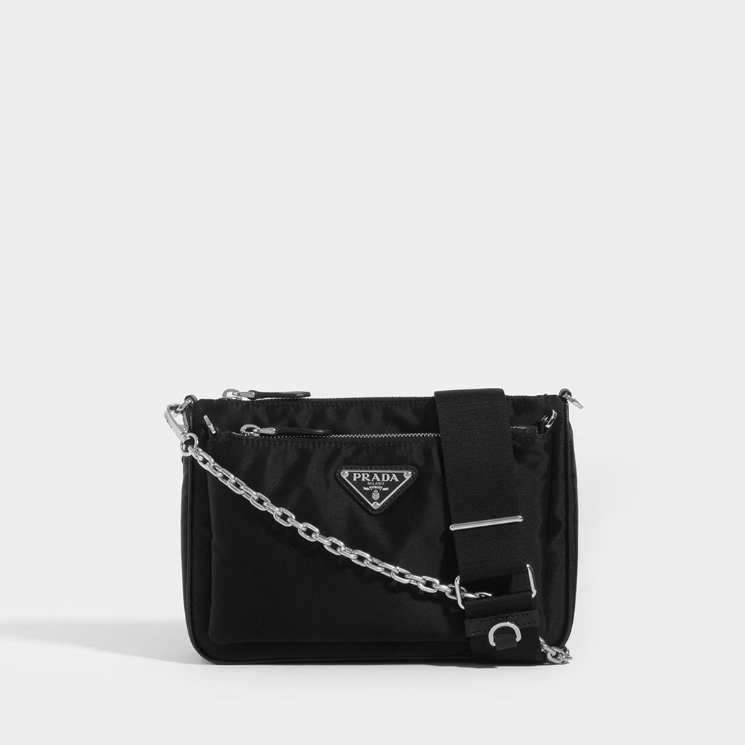 PRADA: Pocket shoulder bag in leather and nylon - Black