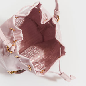 Inside view of PRADA Nylon Top Handle Drawstring Bucket Bag Pink