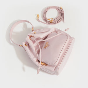 Flat shot of PRADA Nylon Top Handle Drawstring Bucket Bag Pink