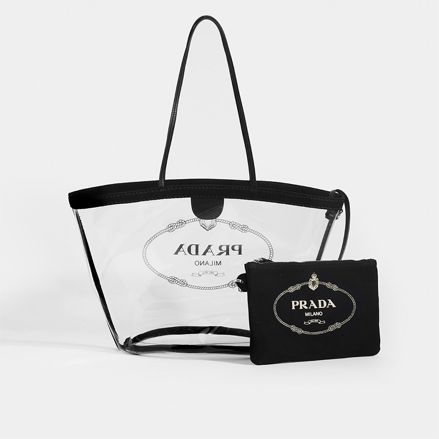Back view of PRADA PVC Clear Logo-Print Tote in Clear/Black and detachable logo printed pouch