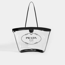 Load image into Gallery viewer, Front view of PRADA PVC Clear Logo-Print Tote in Clear/Black