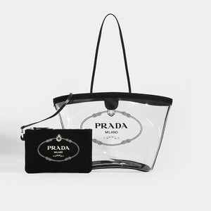 Front view of PRADA PVC Clear Logo-Print Tote in Clear/Black with detachable pouch