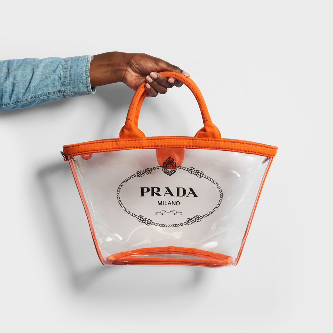 PRADA PVC Clear Logo-Print Tote in Clear/Orange