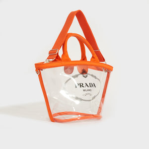 PRADA PVC Clear Logo Print Tote in Clear Orange COCOON
