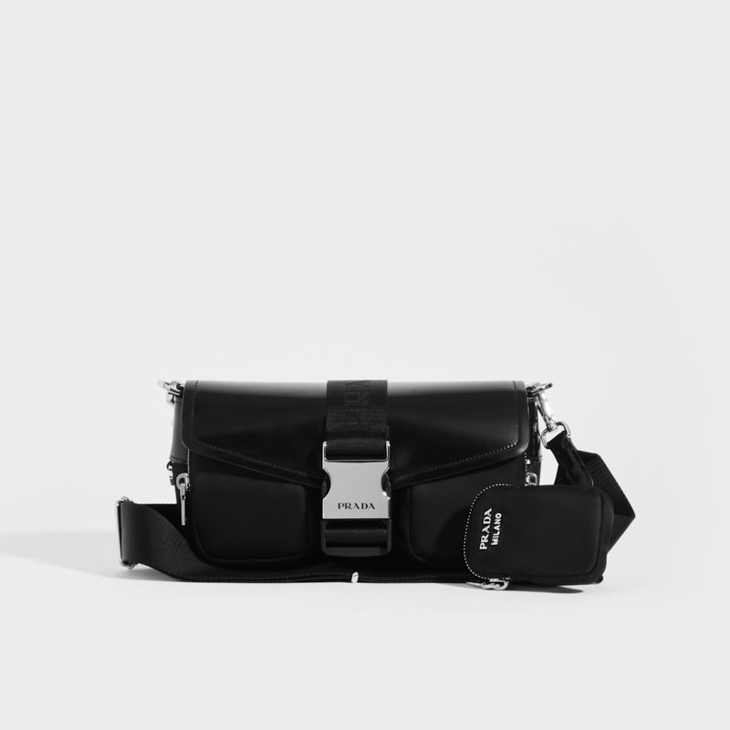 PRADA Pocket Nylon and Brushed Leather Bag in Black