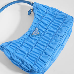 PRADA Ruched Hobo Bag in Blue Nylon - Close Up