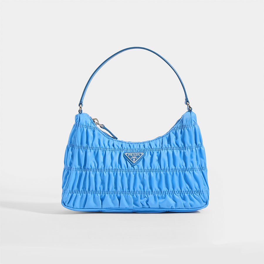 PRADA Ruched Hobo Bag in Blue Nylon - Front View