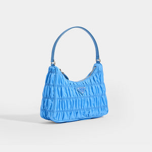PRADA Ruched Hobo Bag in Blue Nylon - Side View