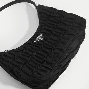 PRADA Ruched Hobo Bag in Black Nylon Close Up