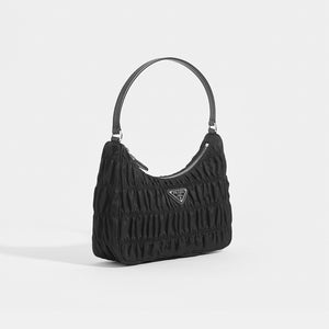 PRADA Ruched Hobo Bag in Black Nylon Side View