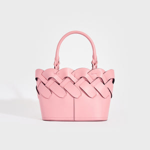 Rear view of the PRADA Small Woven Leather Tote in Pink