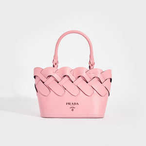 Front view of the PRADA Small Woven Leather Tote in Pink